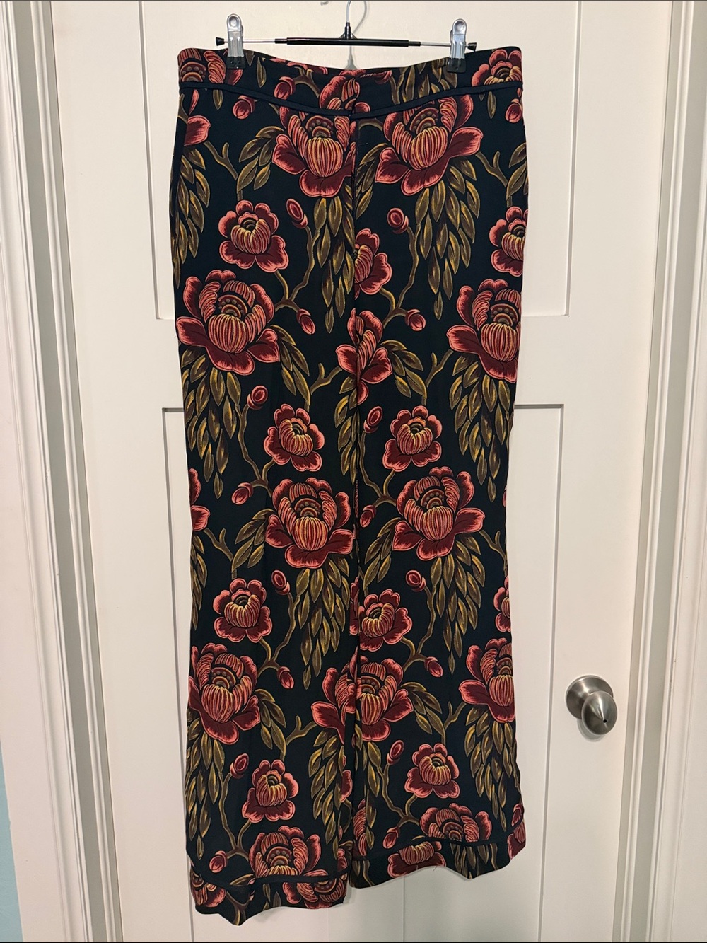 Ann Taylor Black Wide Leg Pants with Red Floral Pattern